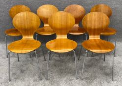 After Arne Jacobsen, a set of seven contemporary Danish Ant chairs, chrome and laminated teak by
