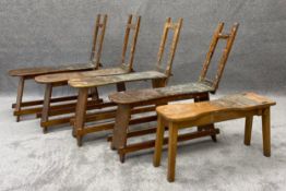 Five donkey bench artist's easels. Four pine and one beech, one with Winsor and Newton maker's