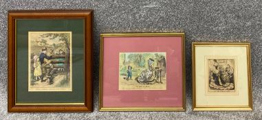Three 19th century hand coloured satirical engravings to include one by W. J. Webb and one