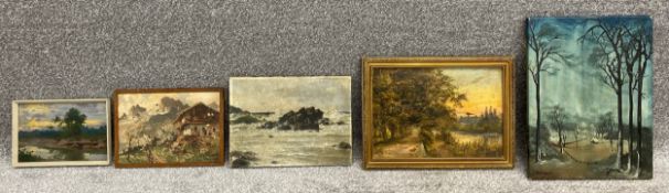 A collection of five oil paintings on board and canvas; to include three indistinctly signed, one