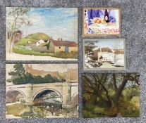 A collection of unsigned watercolour paintings on paper and one oil on board by Vivian Bewick. One