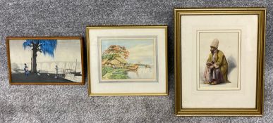 Three Eastern themed artworks to include, one Japanese woodblock print with four character