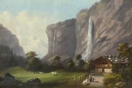 An unsigned late 19th/early 20th century oil painting on board, rural Swiss mountainous scene, in