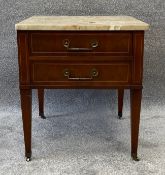 A Louis XVI style mahogany bedside table or small chest with satinwood inlay and a marble top. H.