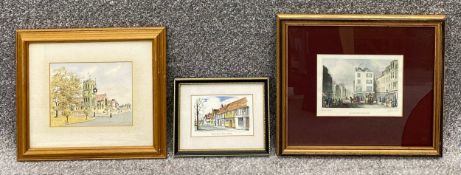 Three hand coloured artworks to include a pen and and watercolour drawing, a print, and and