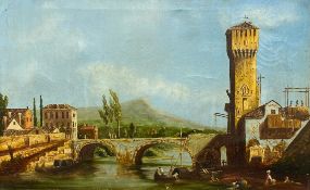 Oil on canvas, Italian village on a canal signed R. Cavalla in a gilt frame. H.47 W.67cm