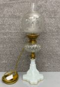 A 19th century Hinks and Sons Duplex No.2 brass and glass oil lamp converted to electricity, on a