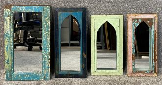 Four painted and distressed oak framed mirrors. H.56 W.33cm (largest)