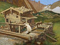 A signed impressionist style oil on board, 'Tyrolean Water Mill', by Vivian Bewick in a pine