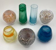 A collection of seven mid century coloured art glass vases. H.20cm (largest)