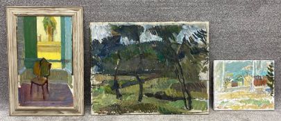 Three oil paintings to include; one indistinctly signed village scene on canvas, one initialled