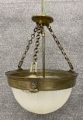 A vintage brass and cut glass plafonnier light pendant. H.42 Dia.34cm