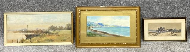 Three signed watercolour paintings on paper; one Herm. C. A Paradies, boats on a rural landscape;