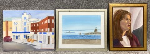 A signed Madeline Clarke abstract watercolour seascape and two unsigned acrylic paintings; one on