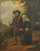 An 18th or early 19th century unsigned oil portrait study on tin, figures on a path in a gilt