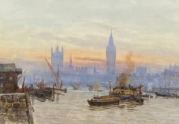 Herbert Menzies Marshall (1841-1913), a signed and dated watercolour of Thames barges and The Houses