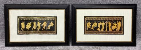 A pair of classical Greek themed reproduction prints on paper in ebonised and gilt frames. H.54 W.