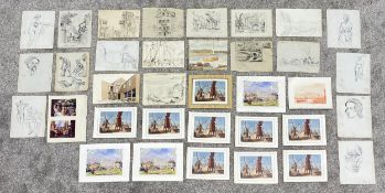 A large collection of pencil and pen drawings/sketches, watercolour paintings, and reproduction