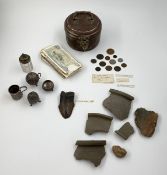 A miscellaneous collection of coins and curiosities to include a 4th century Roman coin, a