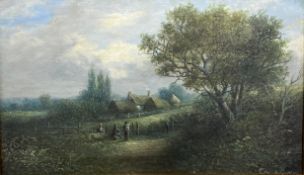 A gilt framed oil on canvas, C.1900 figures on a path in a landscape setting, indistinctly signed.