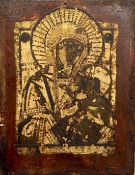 An 18th/19th century Russian orthodox icon, oil on gesso on oak panel. Madonna and child, with faint