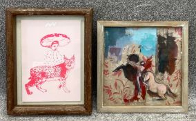 A Marcelina Amelia print in a stained oak frame and a Jo Woodhouse pen and acrylic painting. Both