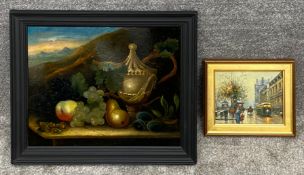 Two unsigned, framed artworks; one a print still life, and the other an oil on canvas, French street