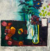 James Burr (b.1926), a signed and dated oil on board, abstract still life composition, 'Flowers