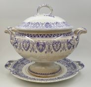 A 19th century Staffordshire Lyre pattern soup tureen, cover and stand. H.31cm