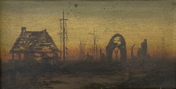 An early 20th century oil painting on board depicting a war ravaged landscape. Initialled R.S., in a