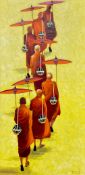 A signed acrylic on board, Buddhist monks in the style of Min Wae Aung, monogrammed. H.138 W.77cm