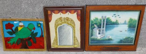 Three glass paintings, framed and glazed, one of a lake scene, mid 20th century, another of an