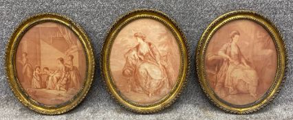 After Angelica Kauffman (1741-1807), three sepia stipple engravings in antique carved giltwood