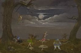 John Lawrence (b.1934), an initialled/monogrammed oil on board, fairies and animals dancing in