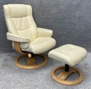 A contemporary limewashed bent ply and leather upholstered reclining chair and matching footstool.