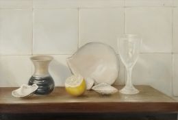 John Lawrence (b.1934), oil still life on canvas, oysters, lemon and a glass. Monogrammed. Frame H.
