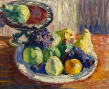 A mid century oil on board; still life bowl of fruit, indistinctly signed, in a limed oak frame. H.