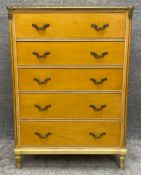 A mid century satin birch tall chest of drawers with gilt metal handles. H.111 W.80 D.52cm