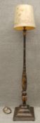A mid century Japanned/Chinoiserie floor standing standard lamp with a shade decorated with