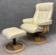 A contemporary limewashed bent ply and leather upholstered reclining chair and matching footstool.