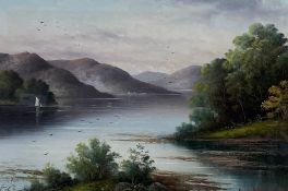 A signed, framed and glazed oil on board landscape of a Scottish loch by Cecil A. Wallinger (1856-