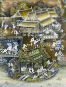 A signed Eastern pen and watercolour painting on fabric, figures in a temple garden, signed