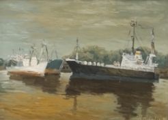 Uldis Redelis (b.1938), oil on board, cargo ships, signed and inscribed to the reverse. H.61 W.81cm