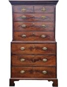 A Georgian flame mahogany chest on chest on shaped bracket feet. H.194 W.107 D.53cm. (In two
