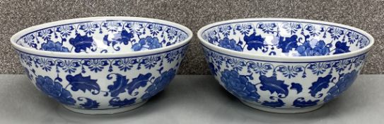 A pair of large contemporary blue and white Chinese bowls. H.14 Dia.36cm (each)
