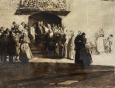 Ferdinand Schmutzer (1870-1928), a large signed etching of people congregating at church. Framed and
