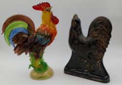 A Venetian glass Murano style glass cockerel with gold flecks along with a ceramic chicken ornament.