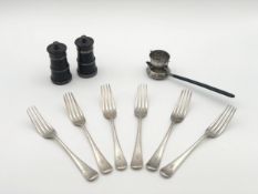 A small collection of silver tableware to include a set of six forks, a pair of silver bound