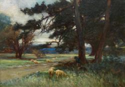 An early 20th century oil on canvas, rural landscape with sheep, initialled C H B and dated '07.