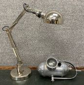 A contemporary chrome anglepoise style desk lamp, along with a Chiron surgical lamp by Mayer and